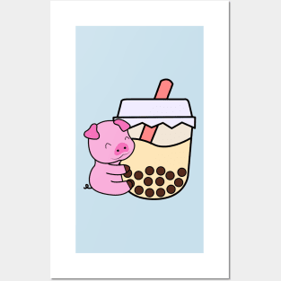 Cute Happy Baby Pig Hugs Sweet Bubble Tea Cream Boba Tea Kawaii Posters and Art